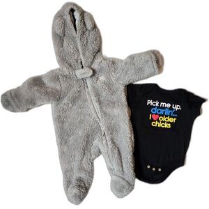 Newborn Fleece Bear Bunting Suit + Graphic Onesie Bundle